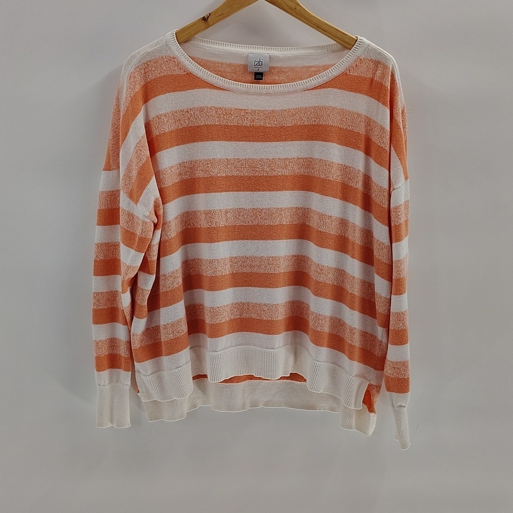 CAbi 6179 Swish Pullover Size Small Coral And White Stripe Lightweight Sweater